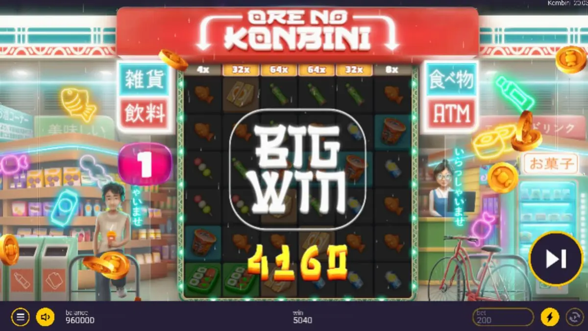Visual vibrante e neon de uma loja de conveniência japonesa no slot Ore No Konbini